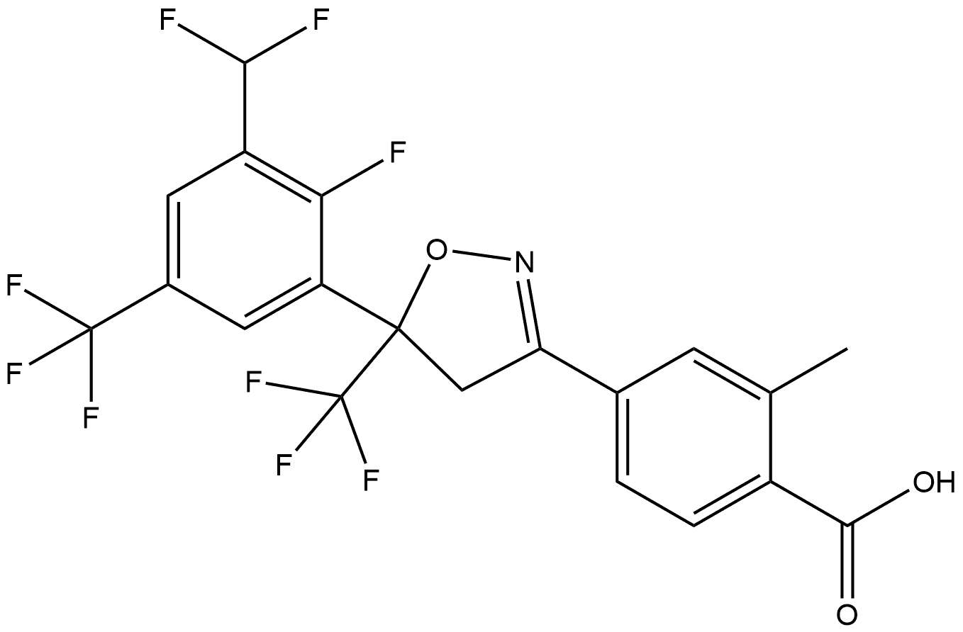 4-[5-[3-(difluoromethyl)-2-fluoro-5-(trifluoromethyl)phenyl]-5-(trifluoromethyl)-4H-isoxazol-3-yl]-2-methylbenzoic acid Struktur