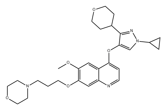 Quinoline, 4-[[1-cyclopropyl-3-(tetrahydro-2H-pyran-4-yl)-1H-pyrazol-4-yl]oxy]-6-methoxy-7-[3-(4-morpholinyl)propoxy]- Struktur