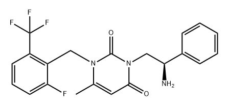 2,4(1H,3H)-Pyrimidinedione, 3-[(2R)-2-amino-2-phenylethyl]-1-[[2-fluoro-6-(trifluoromethyl)phenyl]methyl]-6-methyl- Struktur