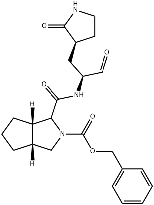 Cyclopenta[c]pyrrole-2(1H)-carboxylic acid, 1-[[[(1S)-1-formyl-2-[(3S)-2-oxo-3-pyrrolidinyl]ethyl]amino]carbonyl]hexahydro-, phenylmethyl ester, (3aR,6aS)- Struktur