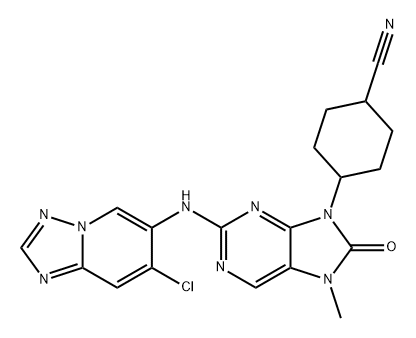 Cyclohexanecarbonitrile, 4-[2-[(7-chloro[1,2,4]triazolo[1,5-a]pyridin-6-yl)amino]-7,8-dihydro-7-methyl-8-oxo-9H-purin-9-yl]- Struktur