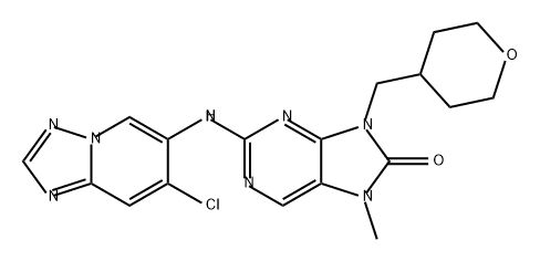 8H-Purin-8-one, 2-[(7-chloro[1,2,4]triazolo[1,5-a]pyridin-6-yl)amino]-7,9-dihydro-7-methyl-9-[(tetrahydro-2H-pyran-4-yl)methyl]- Struktur