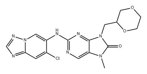 8H-Purin-8-one, 2-[(7-chloro[1,2,4]triazolo[1,5-a]pyridin-6-yl)amino]-9-(1,4-dioxan-2-ylmethyl)-7,9-dihydro-7-methyl- Struktur