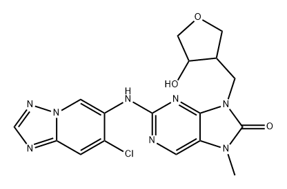 8H-Purin-8-one, 2-[(7-chloro[1,2,4]triazolo[1,5-a]pyridin-6-yl)amino]-7,9-dihydro-7-methyl-9-[(tetrahydro-4-hydroxy-3-furanyl)methyl]- Struktur