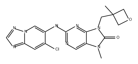 8H-Purin-8-one, 2-[(7-chloro[1,2,4]triazolo[1,5-a]pyridin-6-yl)amino]-7,9-dihydro-7-methyl-9-[(3-methyl-3-oxetanyl)methyl]- Struktur