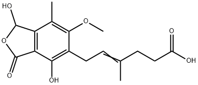 4-Hexenoic acid, 6-(1,3-dihydro-1,4-dihydroxy-6-methoxy-7-methyl-3-oxo-5-isobenzofuranyl)-4-methyl- Struktur