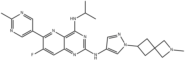 Pyrido[3,2-d]pyrimidine-2,4-diamine, 7-fluoro-N2-[1-(2-methyl-2-azaspiro[3.3]hept-6-yl)-1H-pyrazol-4-yl]-N4-(1-methylethyl)-6-(2-methyl-5-pyrimidinyl)- Struktur