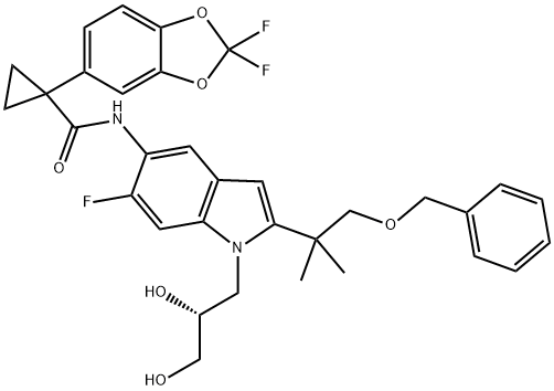 Cyclopropanecarboxamide, 1-(2,2-difluoro-1,3-benzodioxol-5-yl)-N-[1-[(2R)-2,3-dihydroxypropyl]-2-[1,1-dimethyl-2-(phenylmethoxy)ethyl]-6-fluoro-1H-indol-5-yl]- Struktur