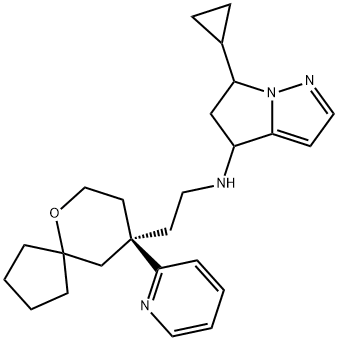 4H-Pyrrolo[1,2-b]pyrazol-4-amine, 6-cyclopropyl-5,6-dihydro-N-[2-[(9R)-9-(2-pyridinyl)-6-oxaspiro[4.5]dec-9-yl]ethyl]- Struktur