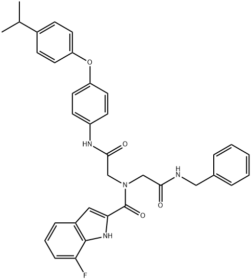 1H-Indole-2-carboxamide, 7-fluoro-N-[2-[[4-[4-(1-methylethyl)phenoxy]phenyl]amino]-2-oxoethyl]-N-[2-oxo-2-[(phenylmethyl)amino]ethyl]- Struktur