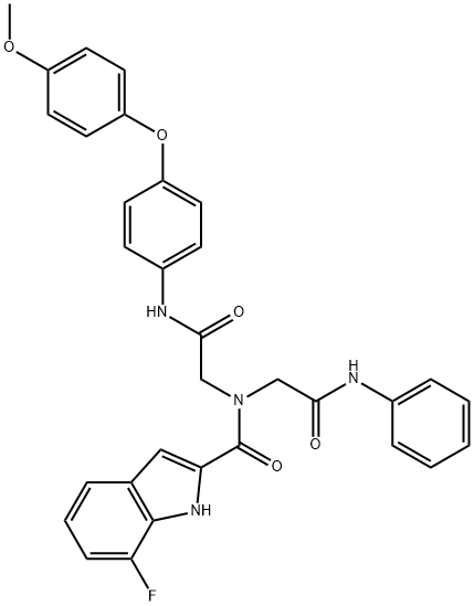 1H-Indole-2-carboxamide, 7-fluoro-N-[2-[[4-(4-methoxyphenoxy)phenyl]amino]-2-oxoethyl]-N-[2-oxo-2-(phenylamino)ethyl]- Struktur