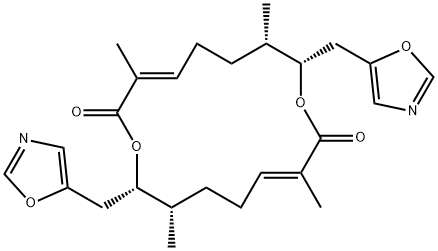 1,9-Dioxacyclohexadeca-3,11-diene-2,10-dione, 3,7,11,15-tetramethyl-8,16-bis(5-oxazolylmethyl)-, (3E,7S,8S,11E,15S,16S)- Struktur