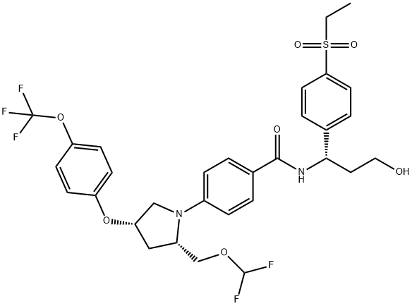 Benzamide, 4-[(2S,4S)-2-[(difluoromethoxy)methyl]-4-[4-(trifluoromethoxy)phenoxy]-1-pyrrolidinyl]-N-[(1S)-1-[4-(ethylsulfonyl)phenyl]-3-hydroxypropyl]- Struktur