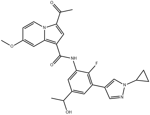 1-Indolizinecarboxamide, 3-acetyl-N-[3-(1-cyclopropyl-1H-pyrazol-4-yl)-2-fluoro-5-(1-hydroxyethyl)phenyl]-7-methoxy- Struktur