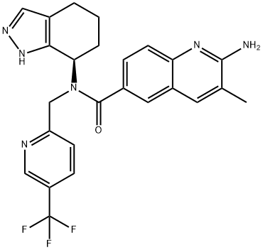 6-Quinolinecarboxamide, 2-amino-3-methyl-N-[(7R)-4,5,6,7-tetrahydro-1H-indazol-7-yl]-N-[[5-(trifluoromethyl)-2-pyridinyl]methyl]- Struktur