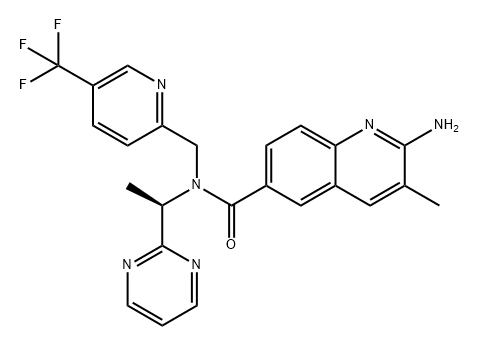 6-Quinolinecarboxamide, 2-amino-3-methyl-N-[(1R)-1-(2-pyrimidinyl)ethyl]-N-[[5-(trifluoromethyl)-2-pyridinyl]methyl]- Struktur