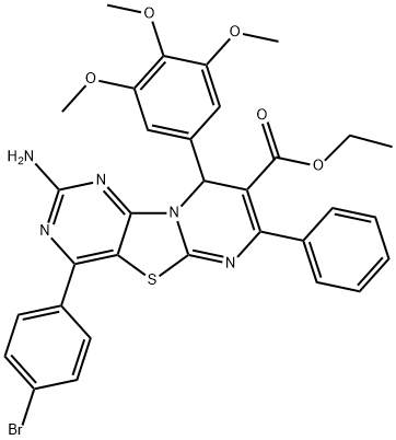 9H-Pyrimido[4',5':4,5]thiazolo[3,2-a]pyrimidine-8-carboxylic acid, 2-amino-4-(4-bromophenyl)-7-phenyl-9-(3,4,5-trimethoxyphenyl)-, ethyl ester Struktur