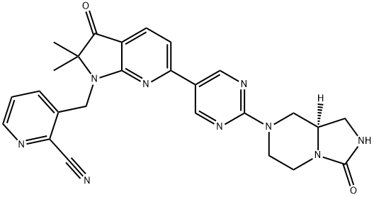 2-Pyridinecarbonitrile, 3-[[6-[2-[(8aR)-hexahydro-3-oxoimidazo[1,5-a]pyrazin-7(1H)-yl]-5-pyrimidinyl]-2,3-dihydro-2,2-dimethyl-3-oxo-1H-pyrrolo[2,3-b]pyridin-1-yl]methyl]- Struktur