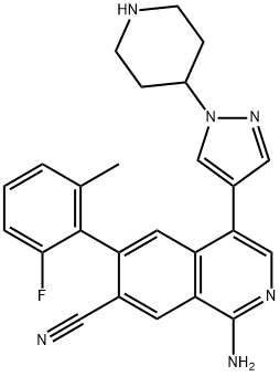 7-Isoquinolinecarbonitrile, 1-amino-6-(2-fluoro-6-methylphenyl)-4-[1-(4-piperidinyl)-1H-pyrazol-4-yl]- Struktur