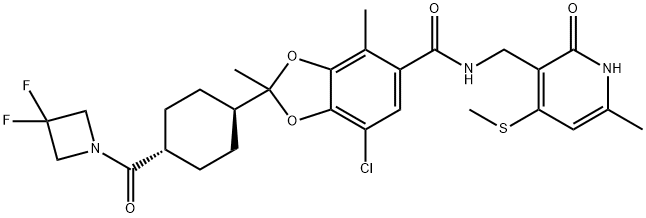 1,3-Benzodioxole-5-carboxamide, 7-chloro-2-[trans-4-[(3,3-difluoro-1-azetidinyl)carbonyl]cyclohexyl]-N-[[1,2-dihydro-6-methyl-4-(methylthio)-2-oxo-3-pyridinyl]methyl]-2,4-dimethyl- Struktur