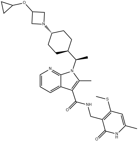 1H-Pyrrolo[2,3-b]pyridine-3-carboxamide, 1-[(1R)-1-[trans-4-[3-(cyclopropyloxy)-1-azetidinyl]cyclohexyl]ethyl]-N-[[1,2-dihydro-6-methyl-4-(methylthio)-2-oxo-3-pyridinyl]methyl]-2-methyl- Struktur