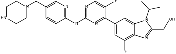 1H-Benzimidazole-2-methanol, 4-fluoro-6-[5-fluoro-2-[[5-(1-piperazinylmethyl)-2-pyridinyl]amino]-4-pyrimidinyl]-1-(1-methylethyl)- Struktur