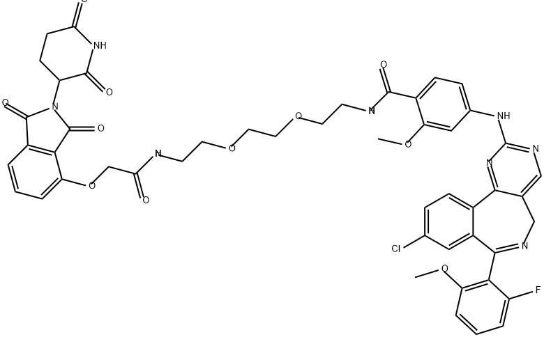 Benzamide, 4-[[9-chloro-7-(2-fluoro-6-methoxyphenyl)-5H-pyrimido[5,4-d][2]benzazepin-2-yl]amino]-N-[2-[2-[2-[[2-[[2-(2,6-dioxo-3-piperidinyl)-2,3-dihydro-1,3-dioxo-1H-isoindol-4-yl]oxy]acetyl]amino]ethoxy]ethoxy]ethyl]-2-methoxy- Struktur