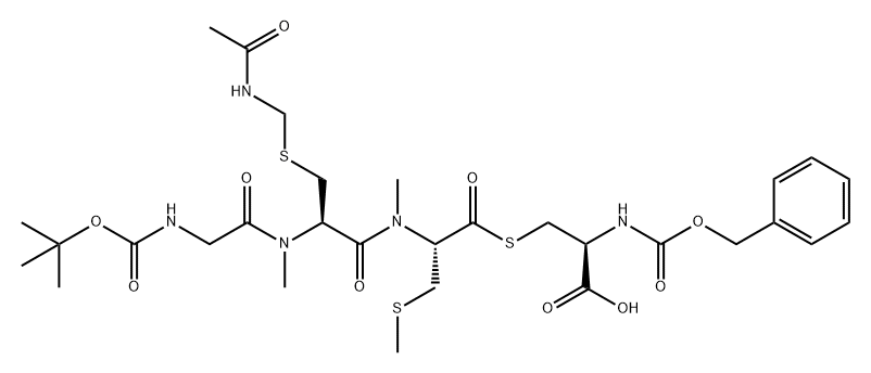 5-Thia-2,8,11,14-tetraazapentadecanedioic acid, 10-[[[(acetylamino)methyl]thio]methyl]-3-carboxy-8,11-dimethyl-7-[(methylthio)methyl]-6,9,12-trioxo-, 15-(1,1-dimethylethyl) 1-(phenylmethyl) ester, (3S,7S,10R)- Struktur