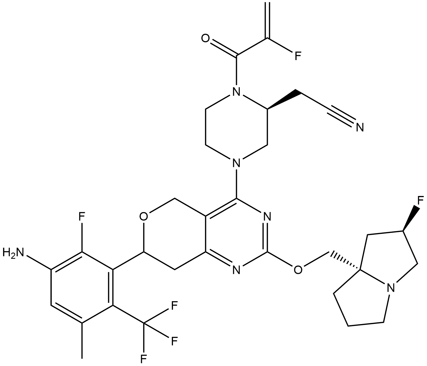 (2S)-4-[7-[3-Amino-2-fluoro-5-methyl-6-(trifluoromethyl)phenyl]-2-[[(2R,7aS)-2-fluorotetrahydro-1H-pyrrolizin-7a(5H)-yl]methoxy]-7,8-dihydro-5H-pyrano[4,3-d]pyrimidin-4-yl]-1-(2-fluoro-1-oxo-2-propen-1-yl)-2-piperazineacetonitrile Struktur