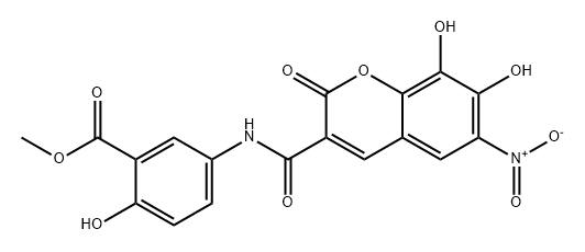 Benzoic acid, 5-[[(7,8-dihydroxy-6-nitro-2-oxo-2H-1-benzopyran-3-yl)carbonyl]amino]-2-hydroxy-, methyl ester Struktur