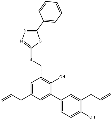 [1,1'-Biphenyl]-2,4'-diol, 3-[[(5-phenyl-1,3,4-oxadiazol-2-yl)thio]methyl]-3',5-di-2-propen-1-yl- Struktur