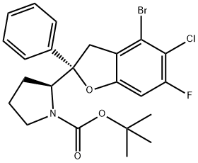 1-Pyrrolidinecarboxylic acid, 2-[(2S)-4-bromo-5-chloro-6-fluoro-2,3-dihydro-2-phenyl-2-benzofuranyl]-, 1,1-dimethylethyl ester, (2S)- Struktur