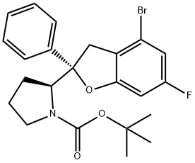 1-Pyrrolidinecarboxylic acid, 2-[(2S)-4-bromo-6-fluoro-2,3-dihydro-2-phenyl-2-benzofuranyl]-, 1,1-dimethylethyl ester, (2S)- Struktur