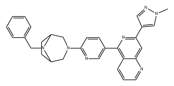 3,8-Diazabicyclo[3.2.1]octane, 3-[5-[7-(1-methyl-1H-pyrazol-4-yl)-1,6-naphthyridin-5-yl]-2-pyridinyl]-8-(phenylmethyl)- Struktur