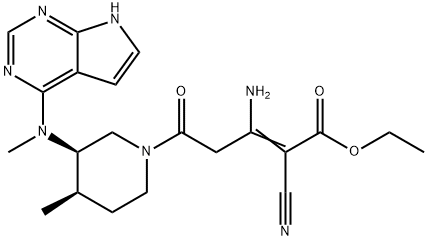 2-Pentenoic acid, 3-amino-2-cyano-5-[(3R,4R)-4-methyl-3-(methyl-7H-pyrrolo[2,3-d]pyrimidin-4-ylamino)-1-piperidinyl]-5-oxo-, ethyl ester Struktur