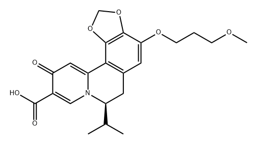 7H-1,3-Benzodioxolo[4,5-a]quinolizine-10-carboxylic acid, 6,11-dihydro-4-(3-methoxypropoxy)-7-(1-methylethyl)-11-oxo-, (7S)- Struktur