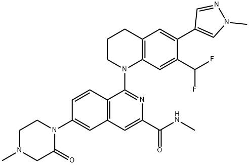 3-Isoquinolinecarboxamide, 1-[7-(difluoromethyl)-3,4-dihydro-6-(1-methyl-1H-pyrazol-4-yl)-1(2H)-quinolinyl]-N-methyl-6-(4-methyl-2-oxo-1-piperazinyl)- Struktur