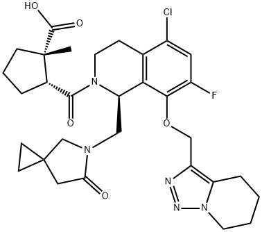 Cyclopentanecarboxylic acid, 2-[[(1S)-5-chloro-7-fluoro-3,4-dihydro-1-[(6-oxo-5-azaspiro[2.4]hept-5-yl)methyl]-8-[(4,5,6,7-tetrahydro[1,2,3]triazolo[1,5-a]pyridin-3-yl)methoxy]-2(1H)-isoquinolinyl]carbonyl]-1-methyl-, (1S,2R)- Struktur