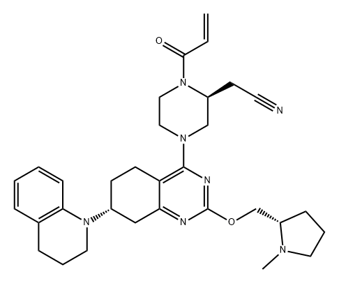 2-Piperazineacetonitrile, 4-[(7R)-7-(3,4-dihydro-1(2H)-quinolinyl)-5,6,7,8-tetrahydro-2-[[(2S)-1-methyl-2-pyrrolidinyl]methoxy]-4-quinazolinyl]-1-(1-oxo-2-propen-1-yl)-, (2S)- Struktur