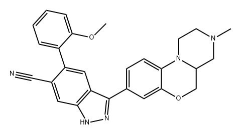 1H-Indazole-6-carbonitrile, 3-(1,2,3,4,4a,5-hexahydro-3-methylpyrazino[2,1-c][1,4]benzoxazin-8-yl)-5-(2-methoxyphenyl)- Struktur