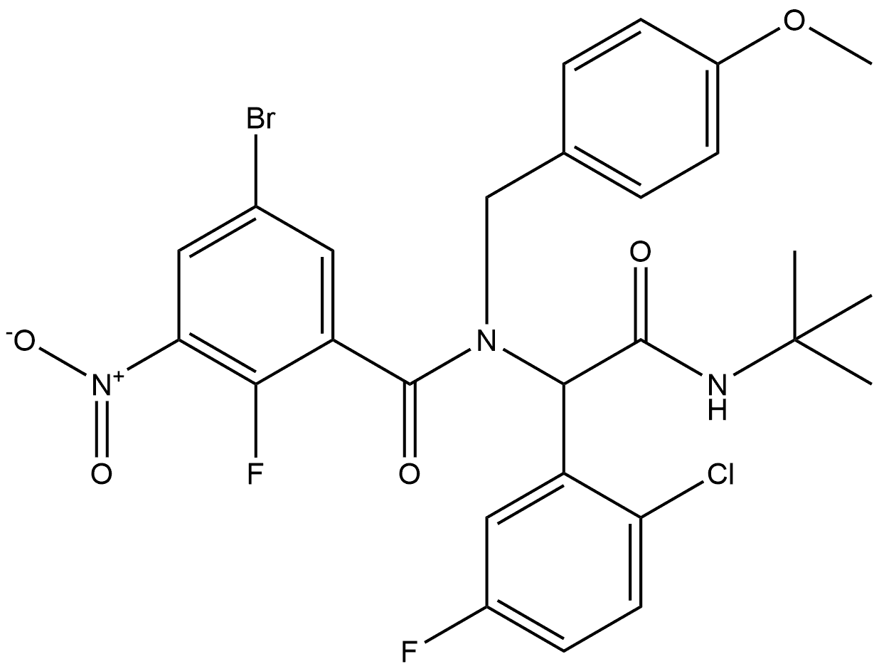 Benzeneacetamide, α-[(5-bromo-2-fluoro-3-nitrobenzoyl)[(4-methoxyphenyl)methyl]amino]-2-chloro-N-(1,1-dimethylethyl)-5-fluoro- Struktur