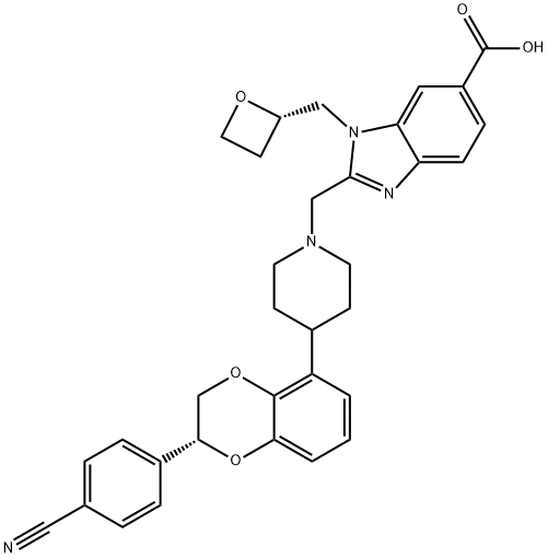 1H-Benzimidazole-6-carboxylic acid, 2-[[4-[(2R)-2-(4-cyanophenyl)-2,3-dihydro-1,4-benzodioxin-5-yl]-1-piperidinyl]methyl]-1-[(2S)-2-oxetanylmethyl]- Struktur