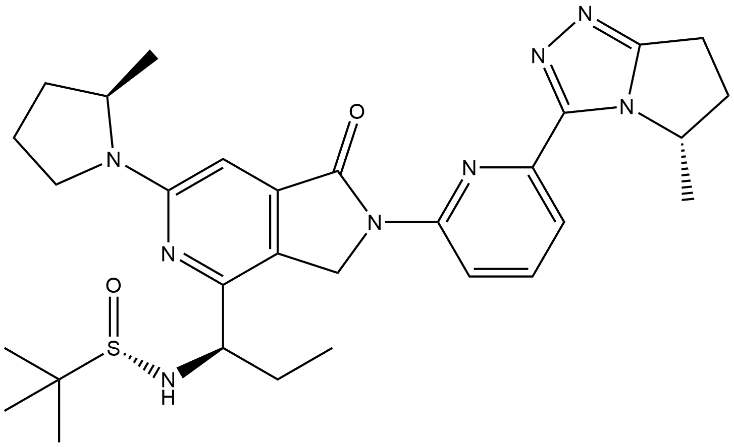 [S(S)]-N-[(1R)-1-[2-[6-[(5S)-6,7-Dihydro-5-methyl-5H-pyrrolo[2,1-c]-1,2,4-triazol-3-yl]-2-pyridinyl]-2,3-dihydro-6-[(2R)-2-methyl-1-pyrrolidinyl]-1-oxo-1H-pyrrolo[3,4-c]pyridin-4-yl]propyl]-2-methyl-2-propanesulfinamide Struktur