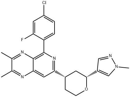 Pyrido[3,4-b]pyrazine, 5-(4-chloro-2-fluorophenyl)-2,3-dimethyl-7-[(2R,4S)-tetrahydro-2-(1-methyl-1H-pyrazol-4-yl)-2H-pyran-4-yl]- Struktur