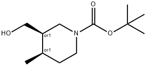 1-Piperidinecarboxylic acid, 3-(hydroxymethyl)-4-methyl-, 1,1-dimethylethyl ester, (3R,4R)-rel- Struktur