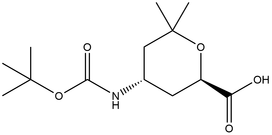 rel-(2R,4S)-4-[[(1,1-Dimethylethoxy)carbonyl]amino]tetrahydro-6,6-dimethyl-2H-pyran-2-carboxylic acid Struktur