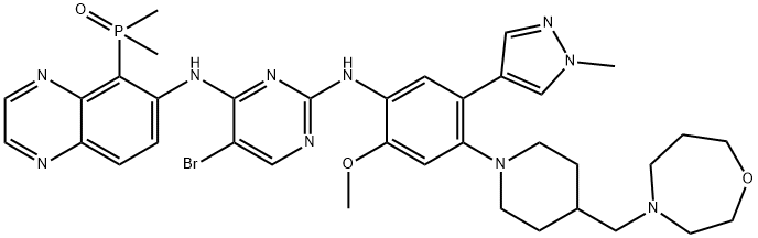 2,4-Pyrimidinediamine, 5-bromo-N4-[5-(dimethylphosphinyl)-6-quinoxalinyl]-N2-[2-methoxy-5-(1-methyl-1H-pyrazol-4-yl)-4-[4-[(tetrahydro-1,4-oxazepin-4(5H)-yl)methyl]-1-piperidinyl]phenyl]- Struktur