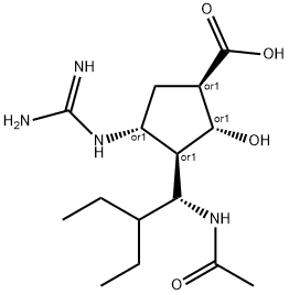 Cyclopentanecarboxylic acid, 3-[(1R)-1-(acetylamino)-2-ethylbutyl]-4-[(aminoiminomethyl)amino]-2-hydroxy-, (1R,2R,3S,4R)-rel- Struktur