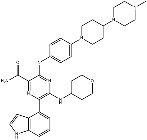 2-Pyrazinecarboxamide, 6-(1H-indol-4-yl)-3-[[4-[4-(4-methyl-1-piperazinyl)-1-piperidinyl]phenyl]amino]-5-[(tetrahydro-2H-pyran-4-yl)amino]- Struktur