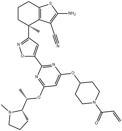 Benzo[b]thiophene-3-carbonitrile, 2-amino-4,5,6,7-tetrahydro-4-methyl-4-[5-[4-[(1S)-1-[(2S)-1-methyl-2-pyrrolidinyl]ethoxy]-6-[[1-(1-oxo-2-propen-1-yl)-4-piperidinyl]oxy]-2-pyrimidinyl]-3-isoxazolyl]-, (4S)- Struktur